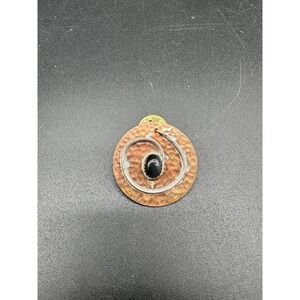 Vintage Handmade Abstract Copper Lapel Pin Swirl Design‎ Black Cabochon Center